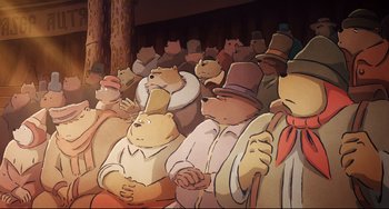 Movie still from “Ernest and Celestine: A Trip to Gibberitia” (2022), directed by Jean-Christophe Roger – A crowd of people wearing hats and standing in front of a building; Wide shot, Low angle
