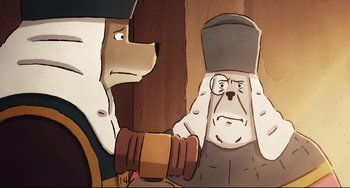 Movie still from “Ernest and Celestine: A Trip to Gibberitia” (2022), directed by Jean-Christophe Roger – A cartoon of a bear and a man in a hat; Close Up shot, Over the shoulder angle