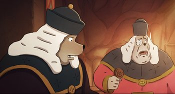 Movie still from “Ernest and Celestine: A Trip to Gibberitia” (2022), directed by Jean-Christophe Roger – Two cartoon characters are standing next to each other; Medium shot, Over the shoulder angle