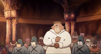 Movie still from “Ernest and Celestine: A Trip to Gibberitia” (2022), directed by Jean-Christophe Roger – A group of people standing in front of a tree; Medium shot, Low angle