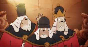 Movie still from “Ernest and Celestine: A Trip to Gibberitia” (2022), directed by Jean-Christophe Roger – A group of three cartoon dogs wearing hats; Close Up shot, Low angle