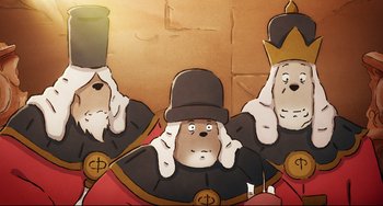Movie still from “Ernest and Celestine: A Trip to Gibberitia” (2022), directed by Jean-Christophe Roger – A cartoon of a group of people in costumes; Extreme Close Up shot, High angle