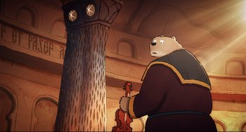 Movie still from “Ernest and Celestine: A Trip to Gibberitia” (2022), directed by Jean-Christophe Roger – A cartoon of a polar bear playing a violin; Wide shot, Low angle