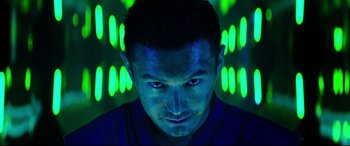 Movie still from “Escape Plan 2: Hades” (2018), directed by Steven C. Miller – A person with blue eyes; Close Up shot, Low angle