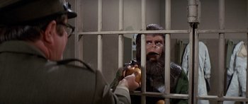Movie still from “Escape from the Planet of the Apes” (1971), directed by Don Taylor – A man holding an apple in front of an ape in a jail cell; Close Up shot, Over the shoulder angle