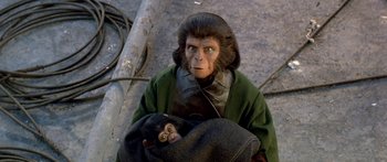 Movie still from “Escape from the Planet of the Apes” (1971), directed by Don Taylor – A chimpanzees mother holding a baby in her arms; Close Up shot, High angle