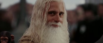 Movie still from “Evan Almighty” (2007), directed by Tom Shadyac – An old man with long white hair and a beard; Close Up shot, Low angle
