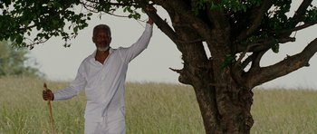 Movie still from “Evan Almighty” (2007), directed by Tom Shadyac – An older man standing next to a tree in a field; Medium shot, Low angle