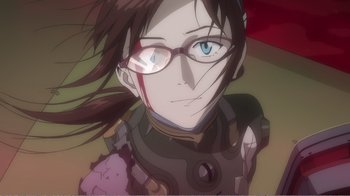 Movie still from “Evangelion: 2.0 You Can (Not) Advance” (2009), directed by Joe Fria – An animated woman wearing glasses with a blood splatter on her face; Close Up shot, Low angle