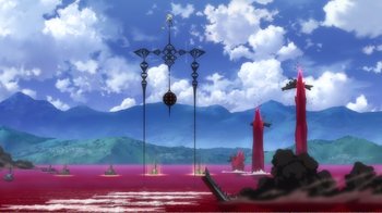 Movie still from “Evangelion: 2.0 You Can (Not) Advance” (2009), directed by Joe Fria – A painting of a lake with a lot of water; Extreme Wide shot, High angle