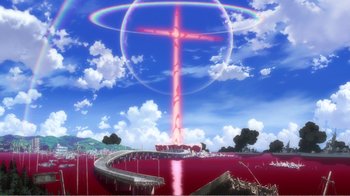Movie still from “Evangelion: 2.0 You Can (Not) Advance” (2009), directed by Joe Fria – A cross is shown in the middle of the sky; Extreme Wide shot, High angle