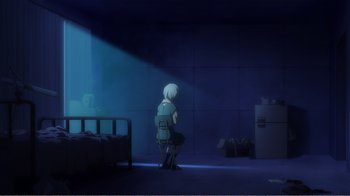 Movie still from “Evangelion: 2.0 You Can (Not) Advance” (2009), directed by Joe Fria – A woman sitting in a dark room in front of a bed; Extreme Wide shot, High angle