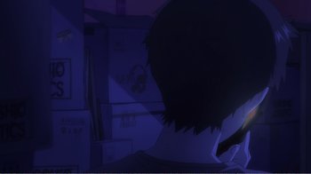 Movie still from “Evangelion: 2.0 You Can (Not) Advance” (2009), directed by Joe Fria – A man with a black shirt is sitting in a dark room; Close Up shot, Over the shoulder angle