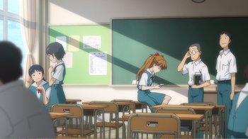 Movie still from “Evangelion: 2.0 You Can (Not) Advance” (2009), directed by Joe Fria – A group of people sitting in a classroom; Wide shot, High angle