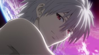 Movie still from “Evangelion: 2.0 You Can (Not) Advance” (2009), directed by Joe Fria – A person's face with purple sky in the background; Extreme Close Up shot, Low angle