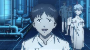 Movie still from “Evangelion: 2.0 You Can (Not) Advance” (2009), directed by Joe Fria – An animated picture of a man smiling for the camera; Close Up shot, Low angle