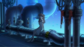 Movie still from “Evangelion: 2.0 You Can (Not) Advance” (2009), directed by Joe Fria – A woman sitting on top of a pipe in a room; Wide shot, High angle