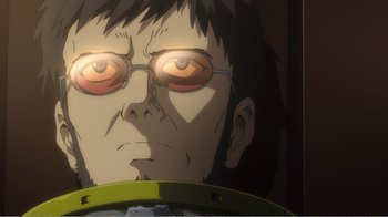 Movie still from “Evangelion: 2.0 You Can (Not) Advance” (2009), directed by Joe Fria – An animated man wearing glasses looking at the camera; Close Up shot, Low angle