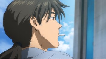 Movie still from “Evangelion: 2.0 You Can (Not) Advance” (2009), directed by Joe Fria – A person with a cigarette in his mouth; Close Up shot, Low angle