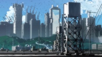 Movie still from “Evangelion: 2.0 You Can (Not) Advance” (2009), directed by Joe Fria – An artistic rendering of a city with a lot of buildings in the background; Extreme Wide shot, Low angle