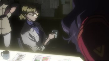Movie still from “Evangelion: 2.0 You Can (Not) Advance” (2009), directed by Joe Fria – A woman holding a cup in her hand while looking at another woman; Medium shot, Over the shoulder angle