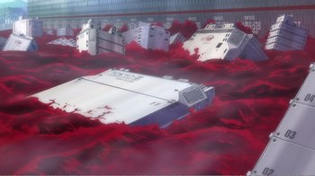 Movie still from “Evangelion: 2.0 You Can (Not) Advance” (2009), directed by Joe Fria – An image of a bunch of boxes in the water; Extreme Wide shot, High angle