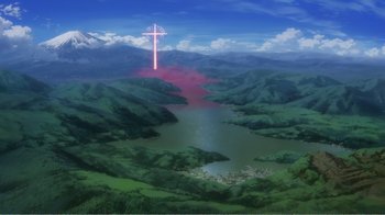 Movie still from “Evangelion: 2.0 You Can (Not) Advance” (2009), directed by Joe Fria – An aerial view of a lake with a cross in the middle of it; Extreme Wide shot, High angle