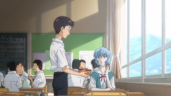 Movie still from “Evangelion: 2.0 You Can (Not) Advance” (2009), directed by Joe Fria – A man and a woman in a classroom; Medium shot, Over the shoulder angle