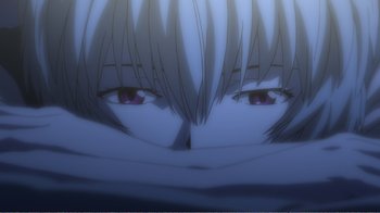 Movie still from “Evangelion: 2.0 You Can (Not) Advance” (2009), directed by Joe Fria – The eyes of a person with purple eyes; Extreme Close Up shot, Low angle