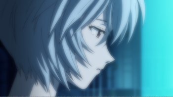 Movie still from “Evangelion: 2.0 You Can (Not) Advance” (2009), directed by Joe Fria – A person's face with a blue background; Extreme Close Up shot, Over the shoulder angle