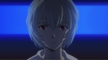 Movie still from “Evangelion: 2.0 You Can (Not) Advance” (2009), directed by Joe Fria – A person with short white hair; Close Up shot, Low angle