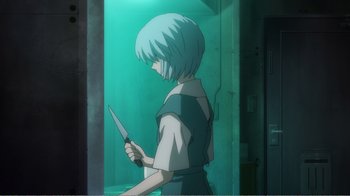 Movie still from “Evangelion: 2.0 You Can (Not) Advance” (2009), directed by Joe Fria – A person holding a knife in a room; Medium shot, Over the shoulder angle