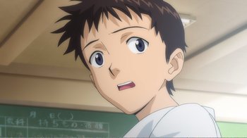 Movie still from “Evangelion: 2.0 You Can (Not) Advance” (2009), directed by Joe Fria – An animated boy is looking up at the camera; Close Up shot, High angle