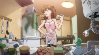 Movie still from “Evangelion: 2.0 You Can (Not) Advance” (2009), directed by Joe Fria – An animated woman in a pink dress holding a phone; Medium shot, Low angle