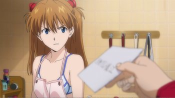 Movie still from “Evangelion: 2.0 You Can (Not) Advance” (2009), directed by Joe Fria – A woman is looking at a person holding a piece of paper in a bathroom; Close Up shot, Over the shoulder angle