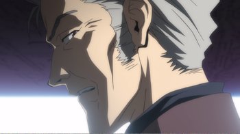 Movie still from “Evangelion: 2.0 You Can (Not) Advance” (2009), directed by Joe Fria – An older man with long white hair is looking into the distance; Extreme Close Up shot, Low angle