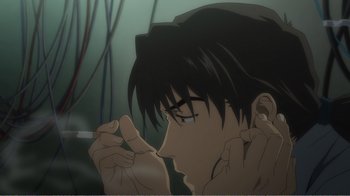 Movie still from “Evangelion: 2.0 You Can (Not) Advance” (2009), directed by Joe Fria – A man is smoking a cigarette while holding a cigarette holder; Close Up shot, Low angle
