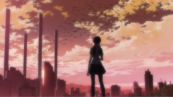 Movie still from “Evangelion: 2.0 You Can (Not) Advance” (2009), directed by Joe Fria – A woman standing in front of a sky filled with birds; Extreme Wide shot, Low angle
