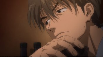Movie still from “Evangelion: 2.0 You Can (Not) Advance” (2009), directed by Joe Fria – A person with his hand on his chin; Close Up shot, Low angle