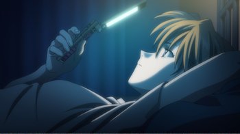 Movie still from “Evangelion: 2.0 You Can (Not) Advance” (2009), directed by Joe Fria – A person is holding a knife in their hand while lying in a bed; Close Up shot, High angle