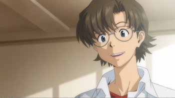 Movie still from “Evangelion: 2.0 You Can (Not) Advance” (2009), directed by Joe Fria – A person wearing glasses and a white shirt; Close Up shot, Low angle
