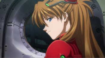 Movie still from “Evangelion: 2.0 You Can (Not) Advance” (2009), directed by Joe Fria – A person wearing a red suit; Close Up shot, Low angle
