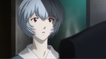 Movie still from “Evangelion: 2.0 You Can (Not) Advance” (2009), directed by Joe Fria – An animated picture of a woman with short hair; Close Up shot, Over the shoulder angle