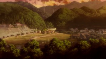 Movie still from “Evangelion: 2.0 You Can (Not) Advance” (2009), directed by Joe Fria – An oil painting of a town in the middle of a valley; Extreme Wide shot, High angle