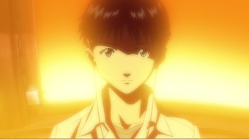 Movie still from “Evangelion: 2.0 You Can (Not) Advance” (2009), directed by Joe Fria – An animated image of a person with a cat on his head; Close Up shot, Low angle