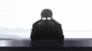 Movie still from “Evangelion: 2.0 You Can (Not) Advance” (2009), directed by Joe Fria – A man sitting on top of a window sill; Medium shot, Low angle