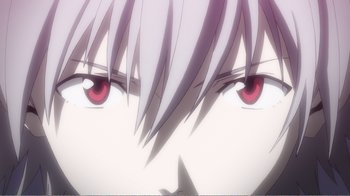 Movie still from “Evangelion: 2.0 You Can (Not) Advance” (2009), directed by Joe Fria – View of a person's eyes with red eyes; Extreme Close Up shot, Low angle