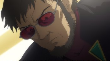 Movie still from “Evangelion: 2.0 You Can (Not) Advance” (2009), directed by Joe Fria – A person wearing sunglasses; Close Up shot, Low angle