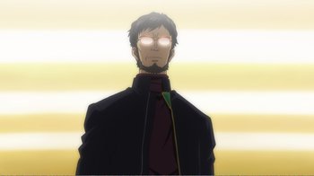 Movie still from “Evangelion: 2.0 You Can (Not) Advance” (2009), directed by Joe Fria – A man in a black jacket and a red tie; Close Up shot, Low angle