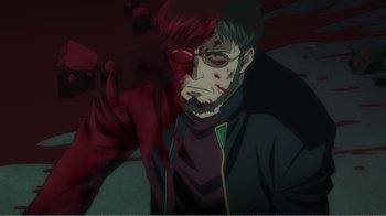 Movie still from “Evangelion: 2.0 You Can (Not) Advance” (2009), directed by Joe Fria – A man with blood all over his face; Close Up shot, High angle